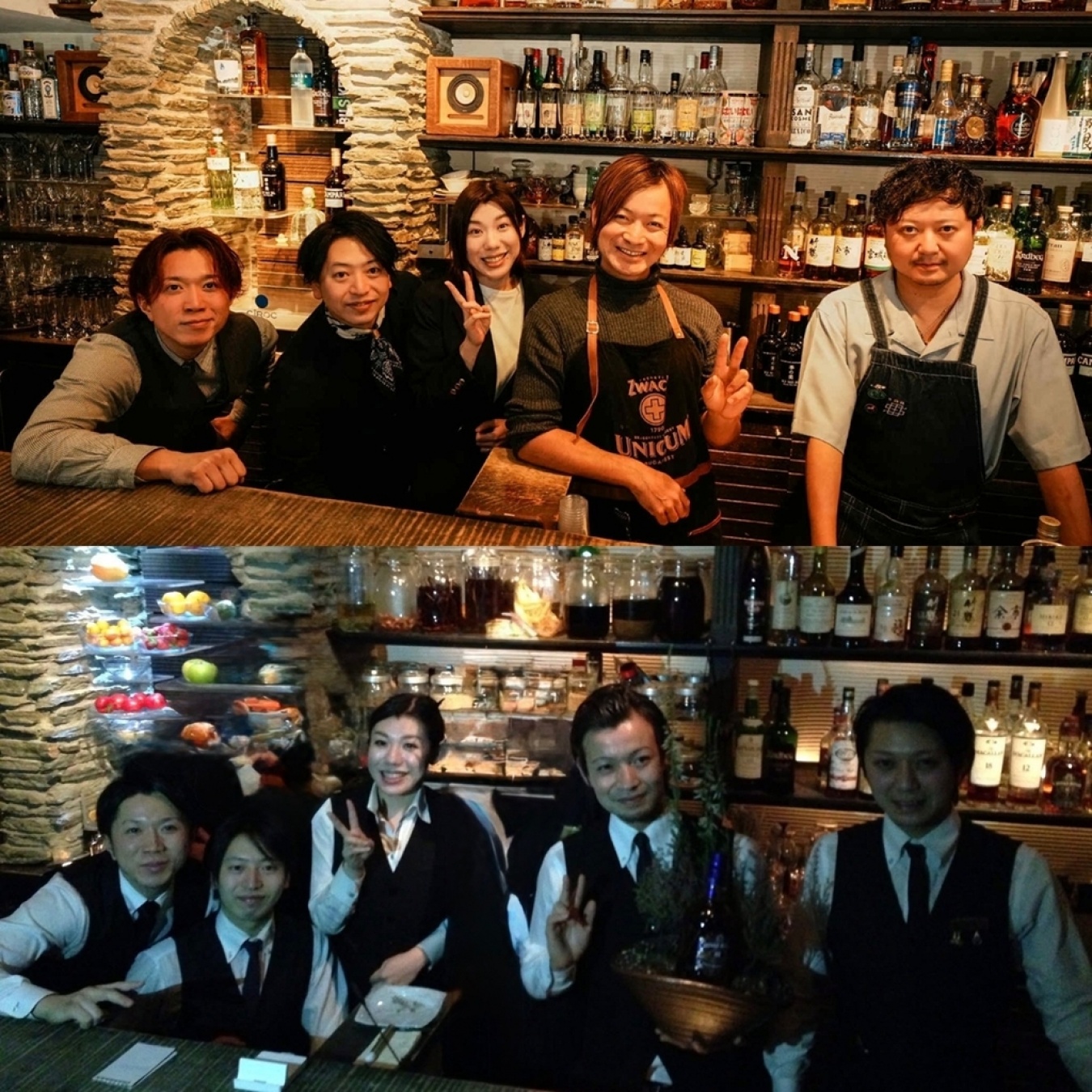 「BAR Amber」のカウンターにて、鹿山さんが店長時代のメンバーとともに。上が現在の写真、下が14年前の写真。エモ!
